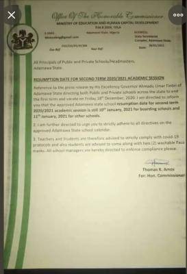 Adamawa State Ministry of Education notice on 2nd term resumption,  2020/2021 session