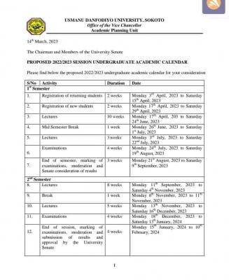 UDUS proposed academic calendar for undergraduate 2022/2023 session