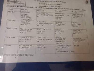 Delta Poly Ogwashiuku second semester lectures timetable, 2021/2022