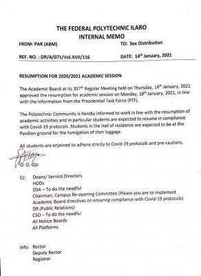 Federal Polytechnic, ilaro notice on resumption date