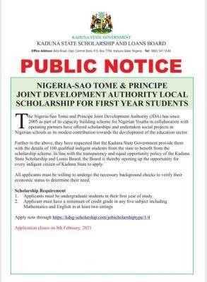 Nigeria-Sao Tome & Principe Joint Development Authority Scholarship for Kaduna Students