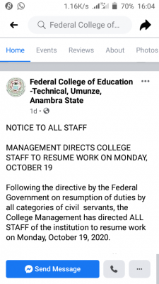 Federal college of education (umunze) directs staff to resume