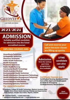 GeedyStar College of Health Technology Admission, 2023/2024