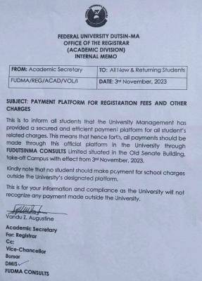 FUDutsin-ma notice on secured platform for registration fees & other charges