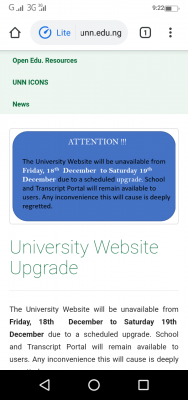 UNN notice to the general public on website upgrade