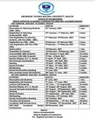 ATBU academic calendar for 2020/2021 session