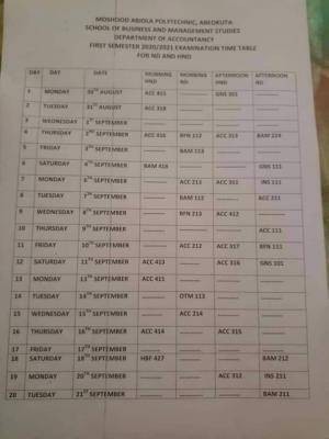 MAPOLY first semester examination timetable, 2020/2021