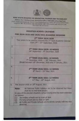 Kogi State modified Academic Calendar for 2019/2020 & 2020/2021 sessions