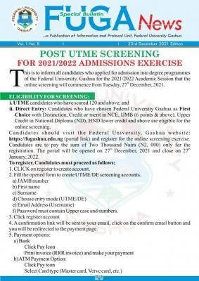 FUGASHUA Post-UTME screening exercise, 2021/2022