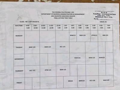 Federal Polytechnic, Ede 2nd semester final lecture timetable, 2023/2024 session