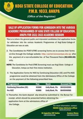 Kogi State College of Education admissions, 2022/2023