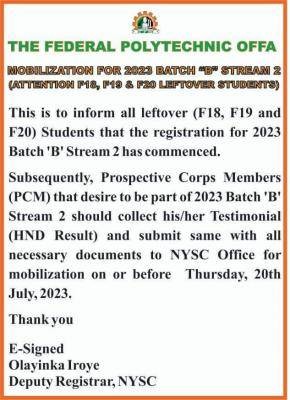 Fed Poly, Offa mobilization for 2023 Batch "B" Stream 2