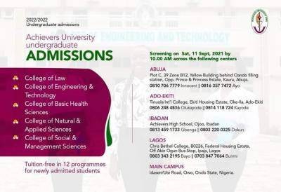 Achievers University announces PostUTME Screening Date for 2021/2022 session