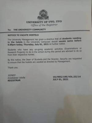 UNIUYO directs students to vacate hostel