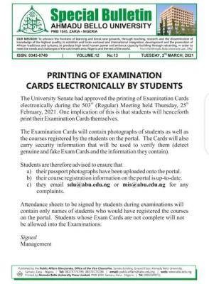 ABU notice to students on electronic printing of exam cards