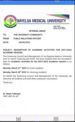 Bayelsa Medical University notice on resumption of academic activities, 2021/2022