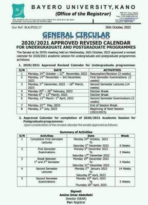 BUK revised undergraduate & postgraduate academic calendar, 2020/2021