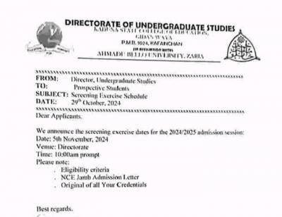 Kaduna COE announces screening for prospective undergraduate students, 2024/2025