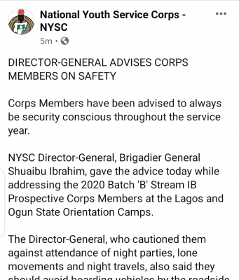 NYSC Director-General advises corps members on safety