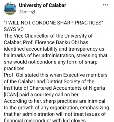 UNICAL VC pledges to stand against any form of sharp practices