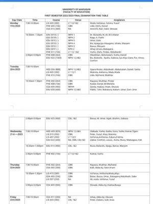 UNIMAID first semester final examination timetable, 2022/2023