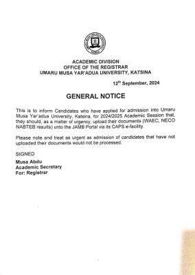 UMYUK urgent notice to prospective candidates on upload of O'Level results on JAMB CAPS