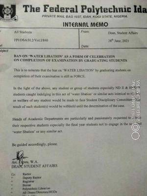 Fed Poly, Idah reiterates ban on "water libation" by graduating Students