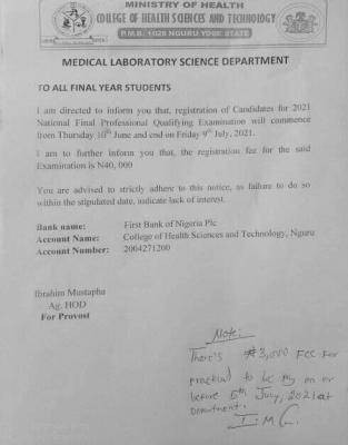 College of Health Science, Nguru notice to final year med. lab. students