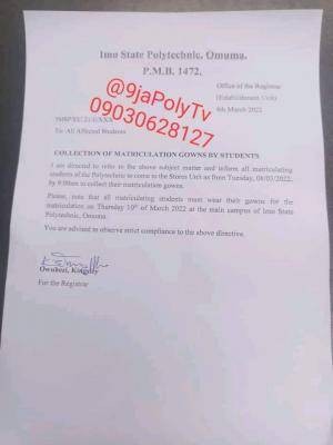 Imo Poly notice to newly admitted students on collection of matriculation gown