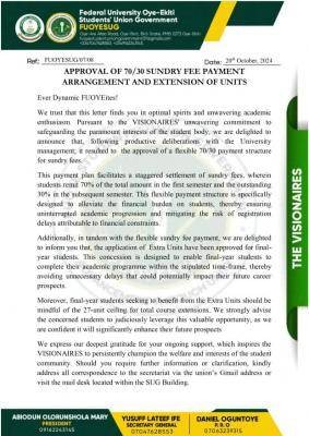 FUOYE notice on approval of 70/30 sundry fee payment arrangement and extension of units