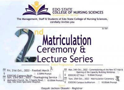 Edo State College of Nursing Sciences announces 2nd Matriculation Ceremony