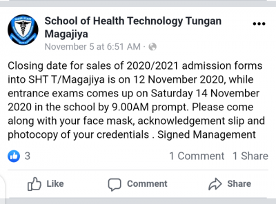 School of Health Tech. Tungan Magajiya notice on 2020 admission deadline and entrance exam