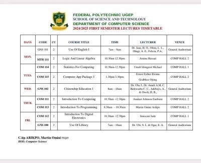 Federal Polytechnic, Ugep releases first semester lecture timetable, 2024/2025