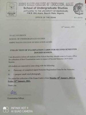 Aminu Saleh COE notice on collection exam pass for 2nd semester exam, 2019/2020