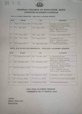 FCE Zaria academic calendar,  2020/2021