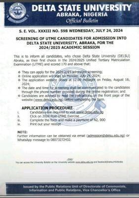 DELSU Post-UTME/DE 2024: Cut-off mark, Eligibility and Registration Details