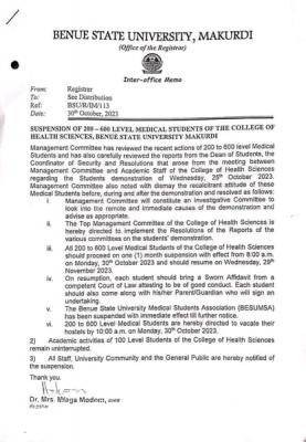 BSU notice on suspension of 200-600 Level students of the College of Health Sciences