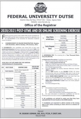 FUDutse Post-UTME 2020: Cut-off mark, eligibility and Registration Details