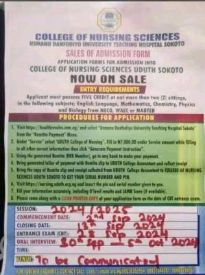 UDUTH Sokoto releases Nursing Sciences form, 2024/2025