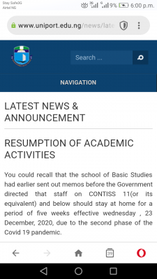 UNIPORT Basic Studies programme resumption notice